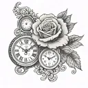 long clock tattoo with key and rose background tattoo design idea