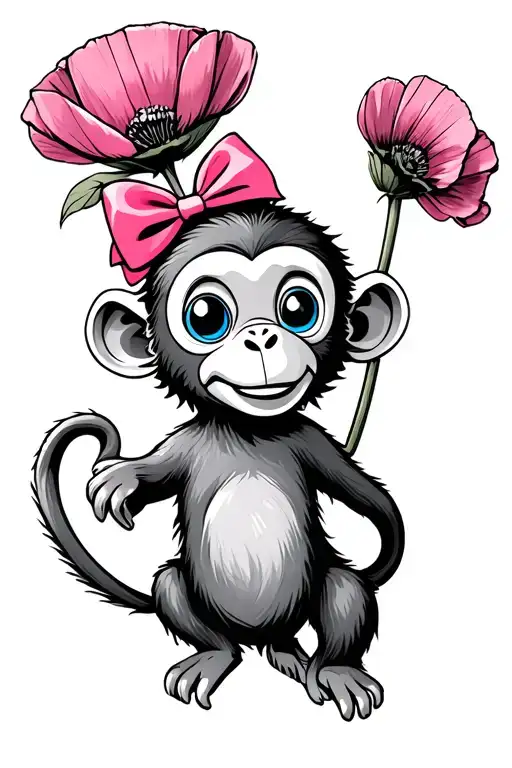 Cartoon monkey with blue eyes and a pink bow swinging on a poppy flower stem  tattoo design idea