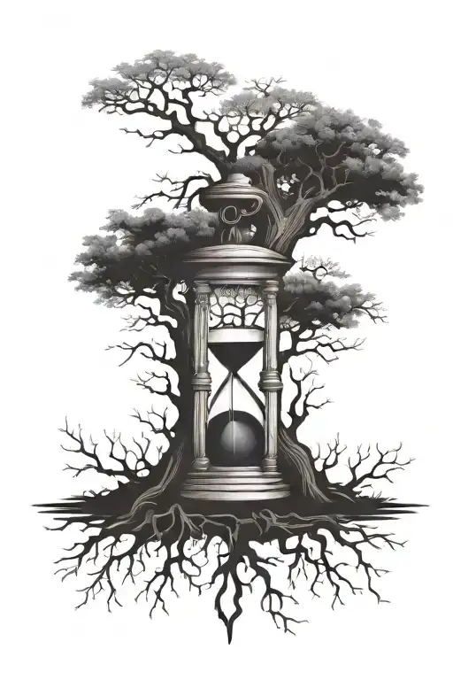 Black and grey oak tree with trunk replaced with hourglass tattoo design idea