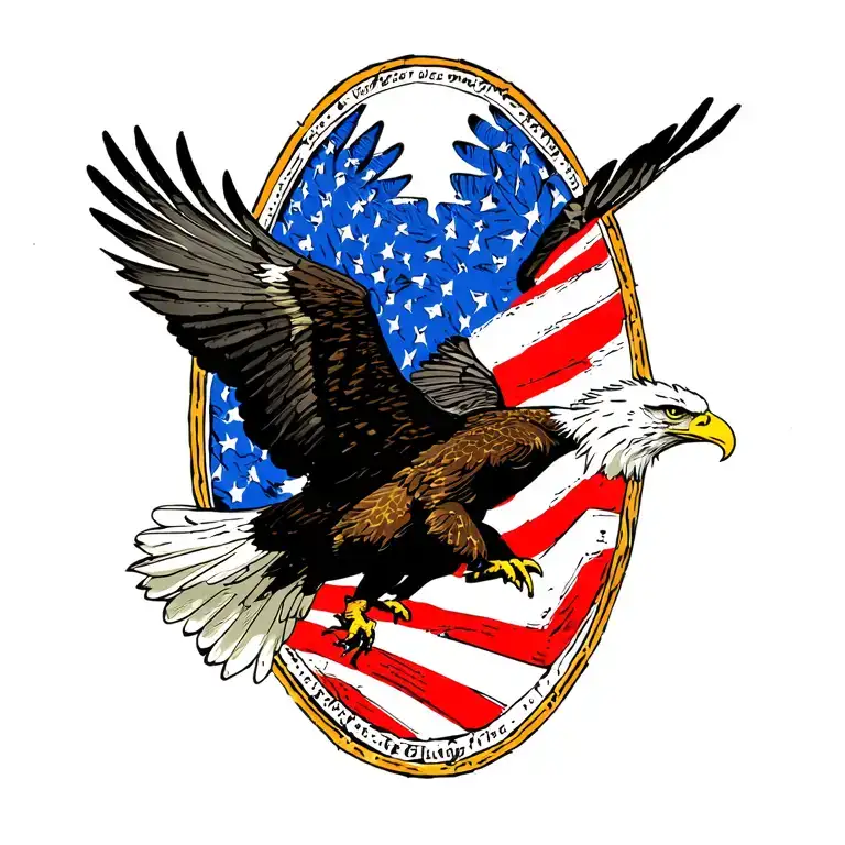 Bald Eagle coming in for a landing with wings spread. The feathers on the wings are the colors of the american flag. tattoo design idea