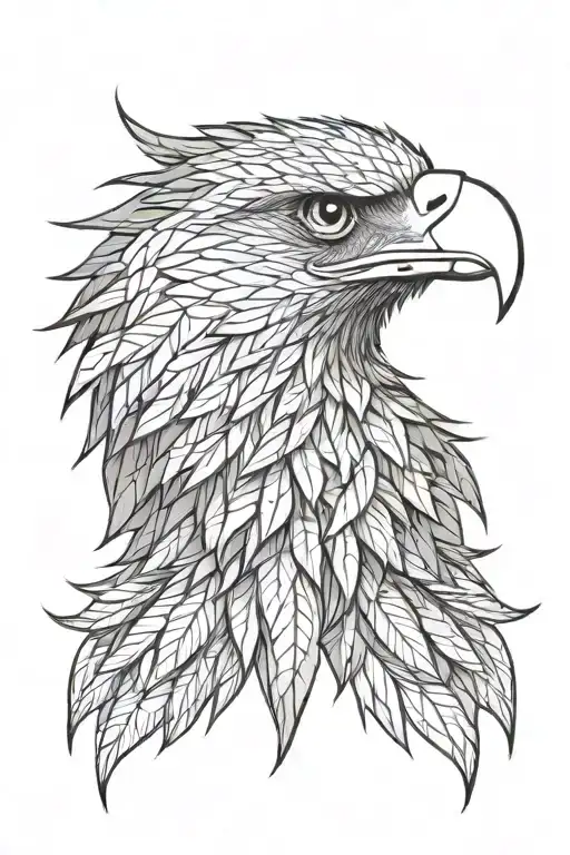 Layered eagle head portrait. Inner feathers detailed, outer feathers shaped like cannabis leaves, radiating outwards. tattoo design idea