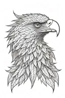 Layered eagle head portrait. Inner feathers detailed, outer feathers shaped like cannabis leaves, radiating outwards. tattoo design idea