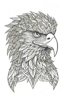 Layered eagle head portrait. Inner feathers detailed, outer feathers shaped like cannabis leaves, radiating outwards. tattoo design idea