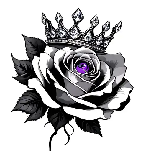 roses with a crown and diamonds, purple eyes looking tattoo design idea