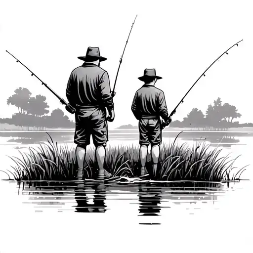 Father and son: They stand sideways on the bank, both with fishing rods in their hands. Their postures can show how they tattoo design idea