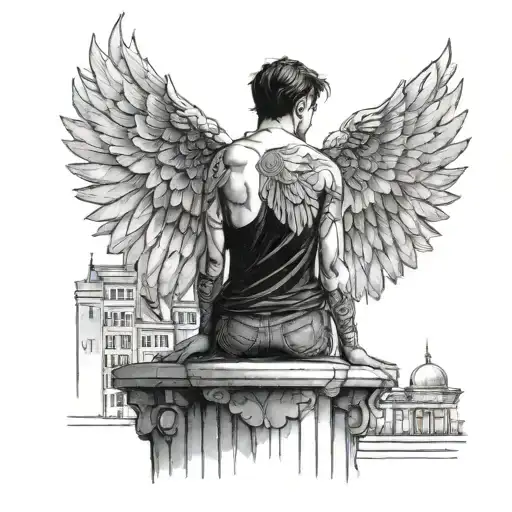 Man with symmetrical angel wings looks over the night city lights standing over a ledge tattoo design idea