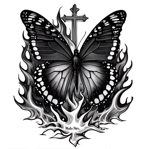 A butterfly emerging from a flame, with a subtle cross in the background and the words:> “Transformed by Fire. Made New  tattoo design idea
