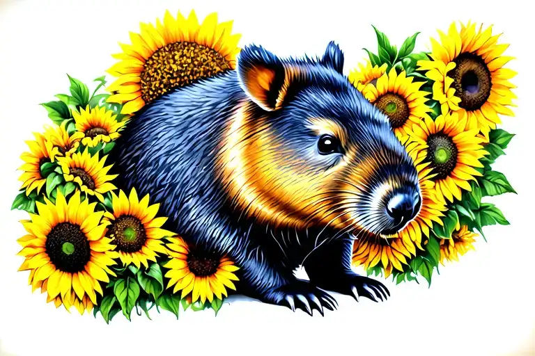 wombat surrounded by sunflowers tattoo design idea