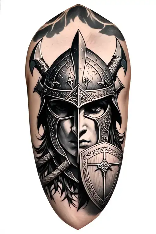 half sleeve tattoo with yggdrasil, helm of awe, crossed viking axes with shield, vegvisir and the valkyrie helmet. tattoo design idea