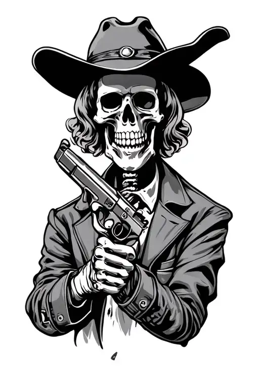 skeleton cowboy holding a pistol tattoo design idea