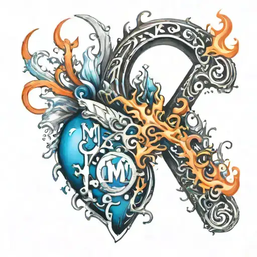 this is for a small chest tattoo over the heart. I would like two initials M and M. The one on the left blue and on fire tattoo design idea