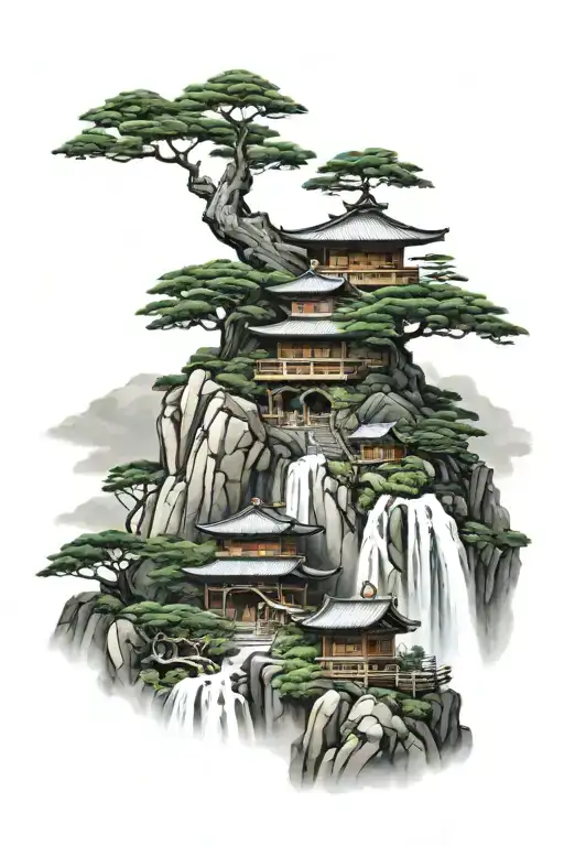 mount paozu with a japanese house on the top of the mountain, a large waterfall and many bonsai trees tattoo design idea