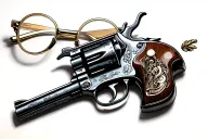 flintlock dueling pistol next to pair of gold frame eyeglasses tattoo design idea