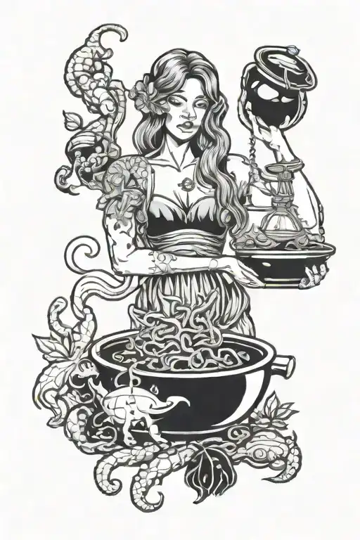 a woman representing the libra zodiac sign having a pot representing aquarius in one hand and a crabe representingcancer tattoo design idea