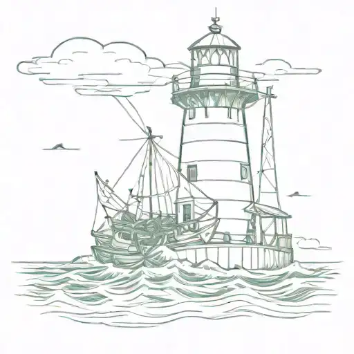 light house lobster fishing boat stormy sea tattoo design idea