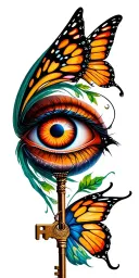 evil eye and butterfly with key symbolizing tattoo design idea