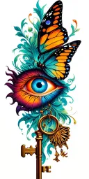 evil eye and butterfly with key symbolizing tattoo design idea