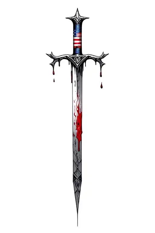blood dripping and usa flag and long blade and runes and stone tattoo design idea