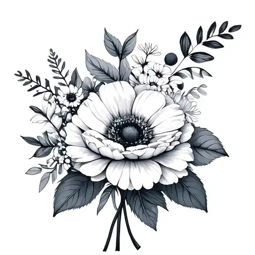 February, December and April Birth Flower bouquet tattoo design idea