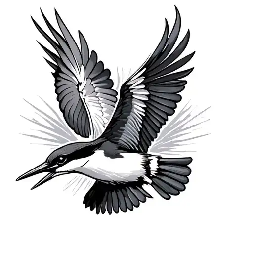 black and white kingfisher flying  tattoo design idea