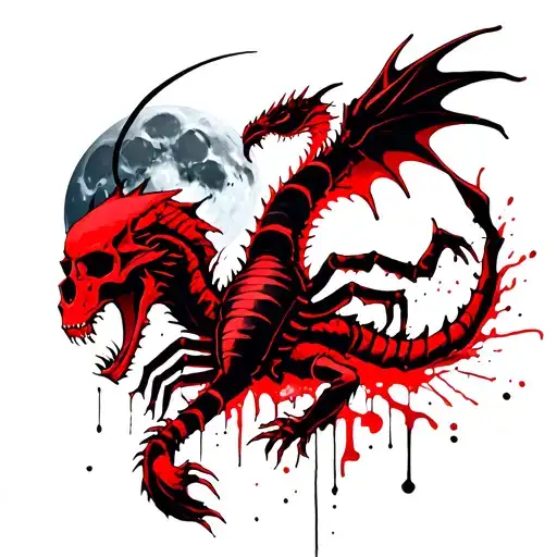 scorpio dragon and scull under moon shining tattoo design idea