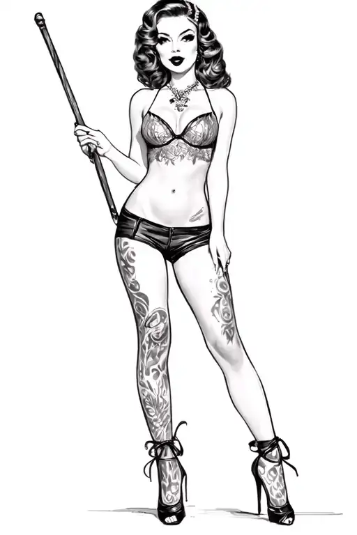 pin up girl full body black and grey holding long stick between legs tattoo design idea