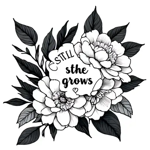 dainty gardenia and peonie bouquet with the words "still she grows" tattoo design idea