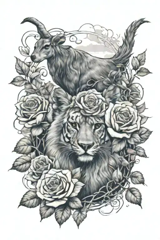 Savanah landscape, animals, roses intertwined, greywash tattoo design idea