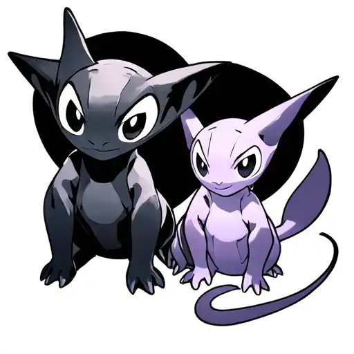 Mewtwo and Mew with a black circle around them, but they have the face of ditto tattoo design idea