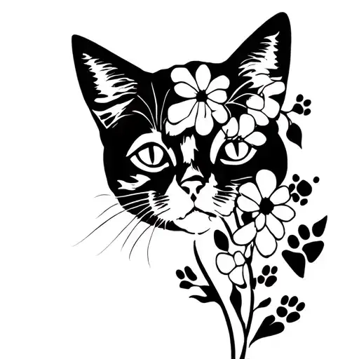 Cat, flower, paw prints tattoo design idea