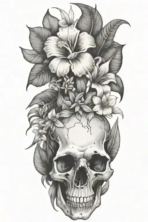 tropical leaves with flowers and dinosaur skull tattoo design idea