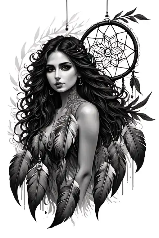 half mood dream catcher entangled in a beautiful woman tattoo design idea