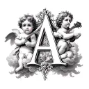 Three cherubs surround an ornate Old English letter "A", resting on clouds and playing instruments in a classical compos tattoo design idea