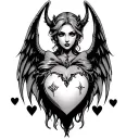 A sigillary styled succubus womb tattoo. It has a large heart with pointy wings on the sides. There are smaller hearts  tattoo design idea