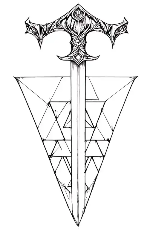 Sword with geometric triangles overlapping bottom of blade  tattoo design idea