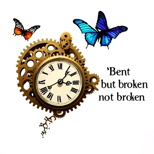 "Bent but not broken" "Bent but not broken" bent clock gears intertwined with butterflys landing tattoo design idea