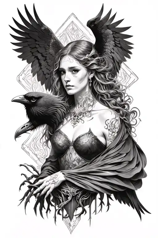 morrigan god of death with raven surrounded tattoo design idea