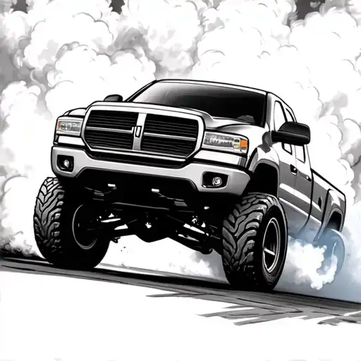 2nd gen dodge dakota doing a burnout in a sketchy style tattoo design idea