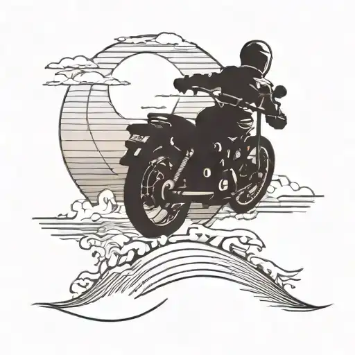 A silhouette of a motorcycle riding into a sunset over the beach tattoo design idea