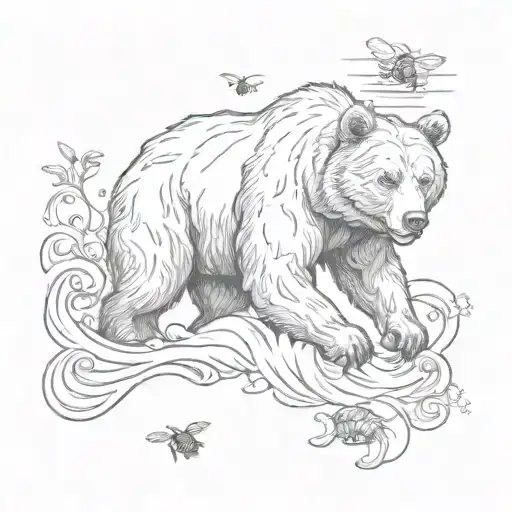 grizzly bear and honey bee and wave or ocean waves tattoo design idea