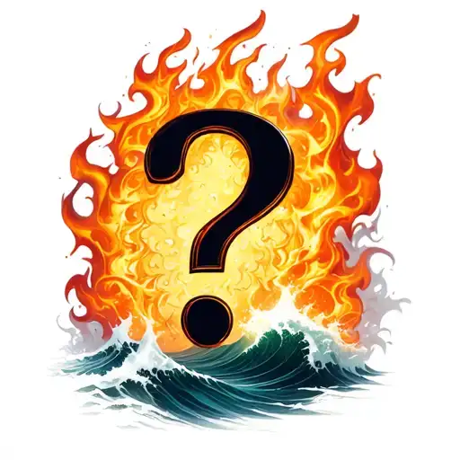 Timeline and question mark merged with flames and waves tattoo design idea