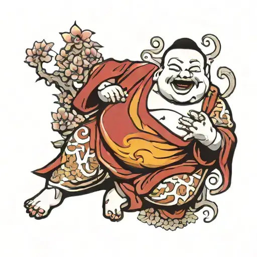 Create a tattoo design for a larger man's stomach featuring a laughing Budai Buddha, aligning his stomach with the man's tattoo design idea