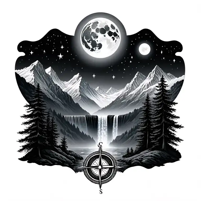 mountains panorama, moon, stars, waterfall cascading, compass tattoo design idea