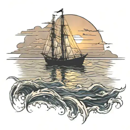 a boat sailing a peaceful sunset on the open sea tattoo design idea