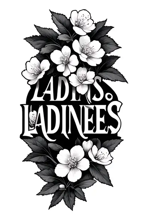 "LADINES" cherry blossom branch with last name written tattoo design idea