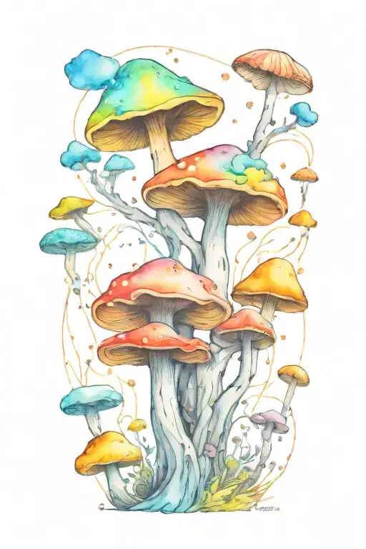 trippy wood-loving mushroom mural with universe inside. inky black lines. tincture vivid and colorful. melty tattoo design idea