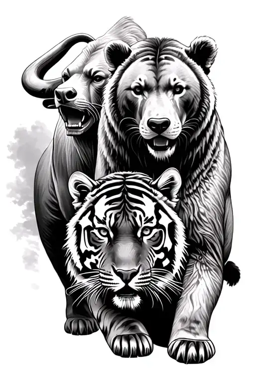 A realistic black and white image of a powerful bull, a fierce bear, and a majestic tiger standing together, surrounded  tattoo design idea