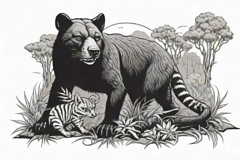 Austalian bush landscape with tasmanian devil, thylacine and tiger snake tattoo black and white tattoo design idea