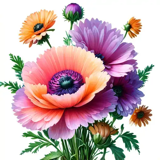 daisy poppy and chrysanthemum little bouquet tattoo design idea