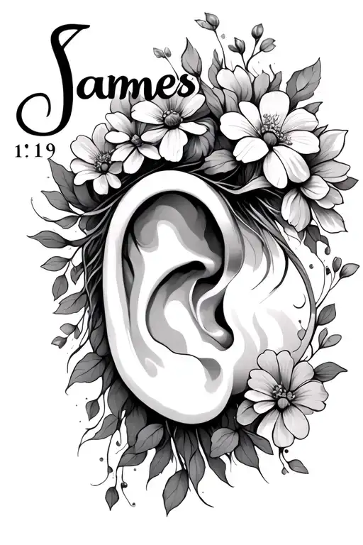 "James 1:19" an ear with blooming flowers coming out of ear tattoo design idea